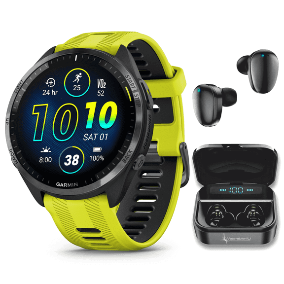 Garmin Forerunner 965 Premium GPS Running and Triathlon Smartwatch with AMOLED Touchscreen Display, Carbon Gray DLC Titanium Bezel and Amp Yellow Silicone Band with Wearable4U Black EarBuds Bundle