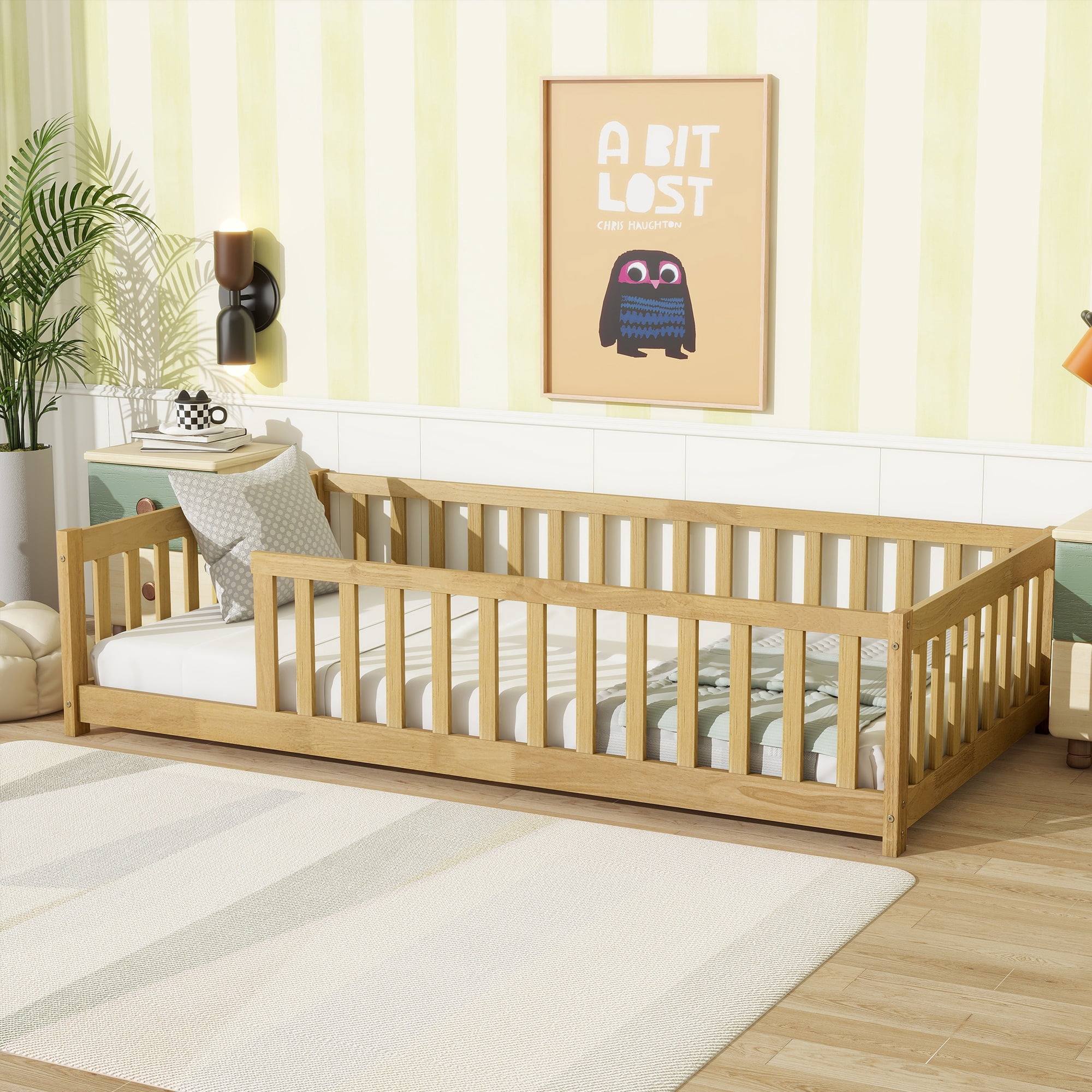 PORKISS Twin Floor Bed with Guardrails, Natural Montessori Floor Bed Frame for Kids, Wood Toddler Bed Frame with Slats, Low Profile Kids Bed, Open Entry, No Box Spring Needed