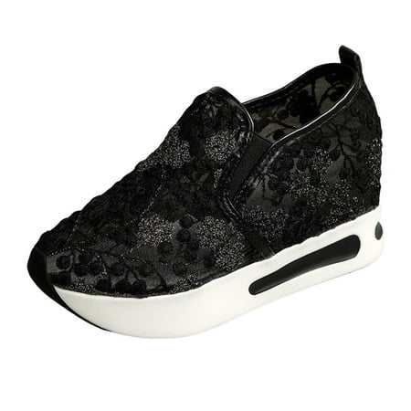 QYZEU Summer Sneakers for Women Women Casual Summer Shoes Ladies Fashion Breathable Lace Mesh Flower Embroidery Round Head Thick Bottom Comfortable Shoes Black 44