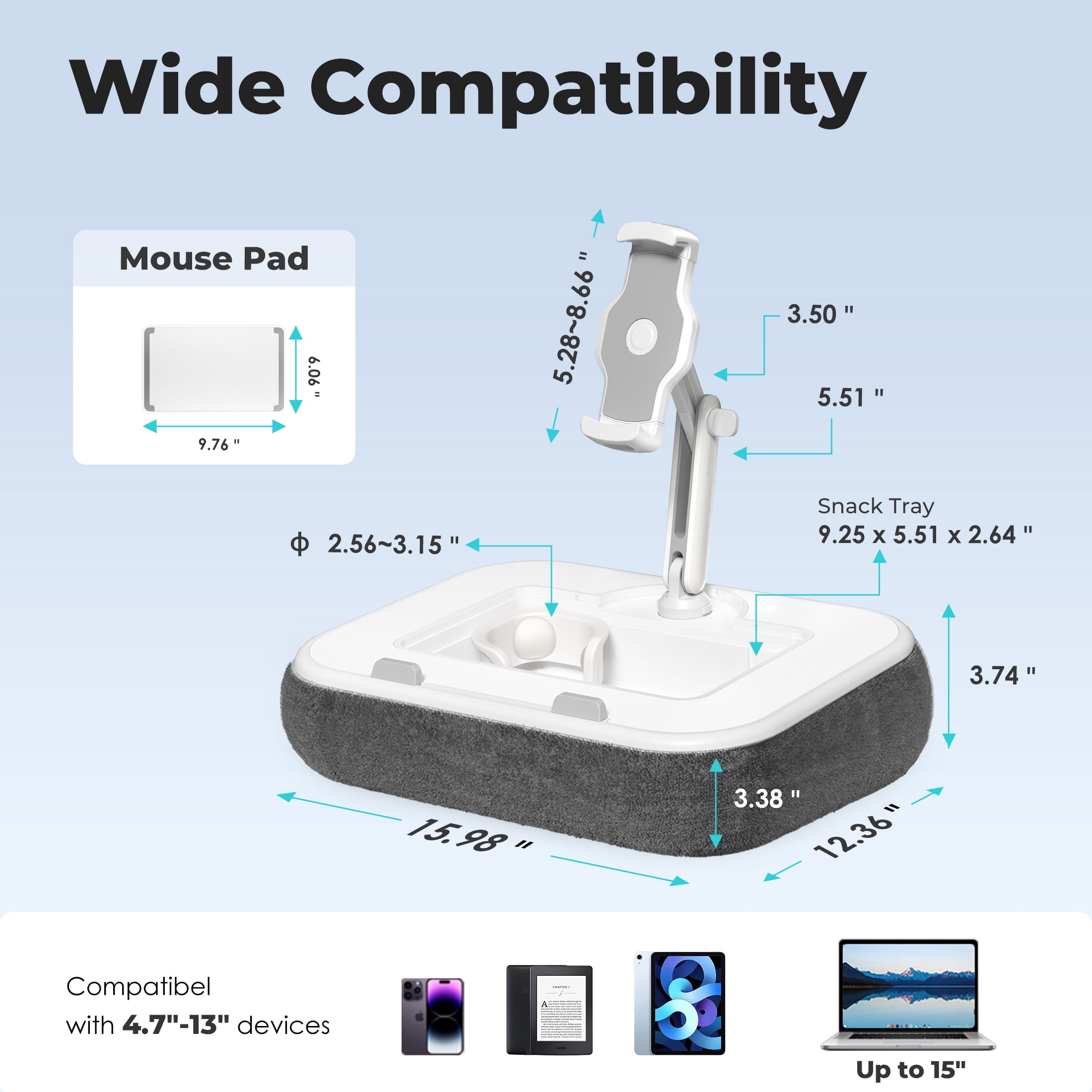 Viozon Pillow Stand with 360° Arm for Laptop, Tablet & Phone, with Mouse Pad, Cup & Snack Holder, Fits 4.7–13" Phone/Tablet and 10–15" Laptops