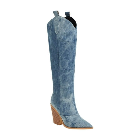 

Josdec Womens Boots Wide Width Oversized Fall/Winter Denim Pointed High Heel High Sleeve Knee Long Boots Cowgirl Boots Blue 35