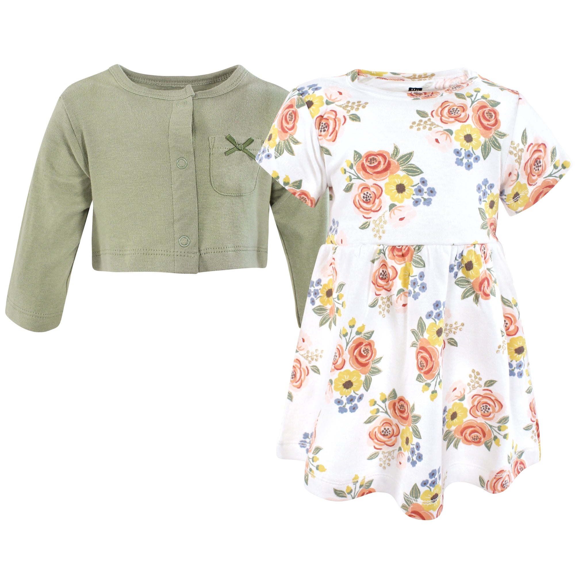 Hudson Baby Girls Cotton Dress and Cardigan Set, Golden Bouquet, 3T