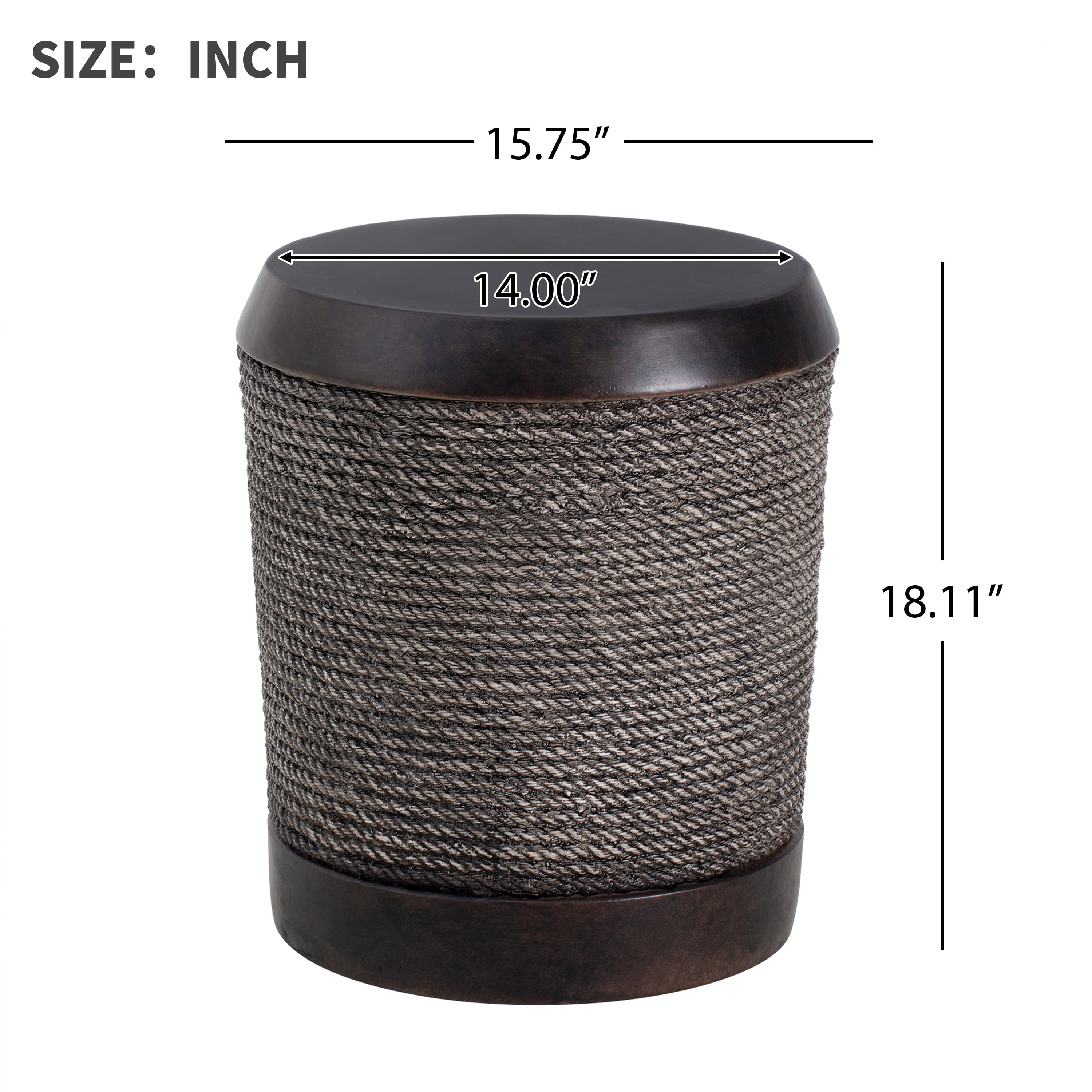 Outdoor Dark Brown Side Table with Simulated Braided Cord & Vintage Trim, Retro Cylindrical End Table for Indoor Home Patio Balcony Decor