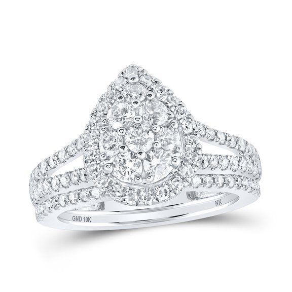 10kt White Gold Round Diamond Teardrop Bridal Wedding Ring Band Set 1 Cttw