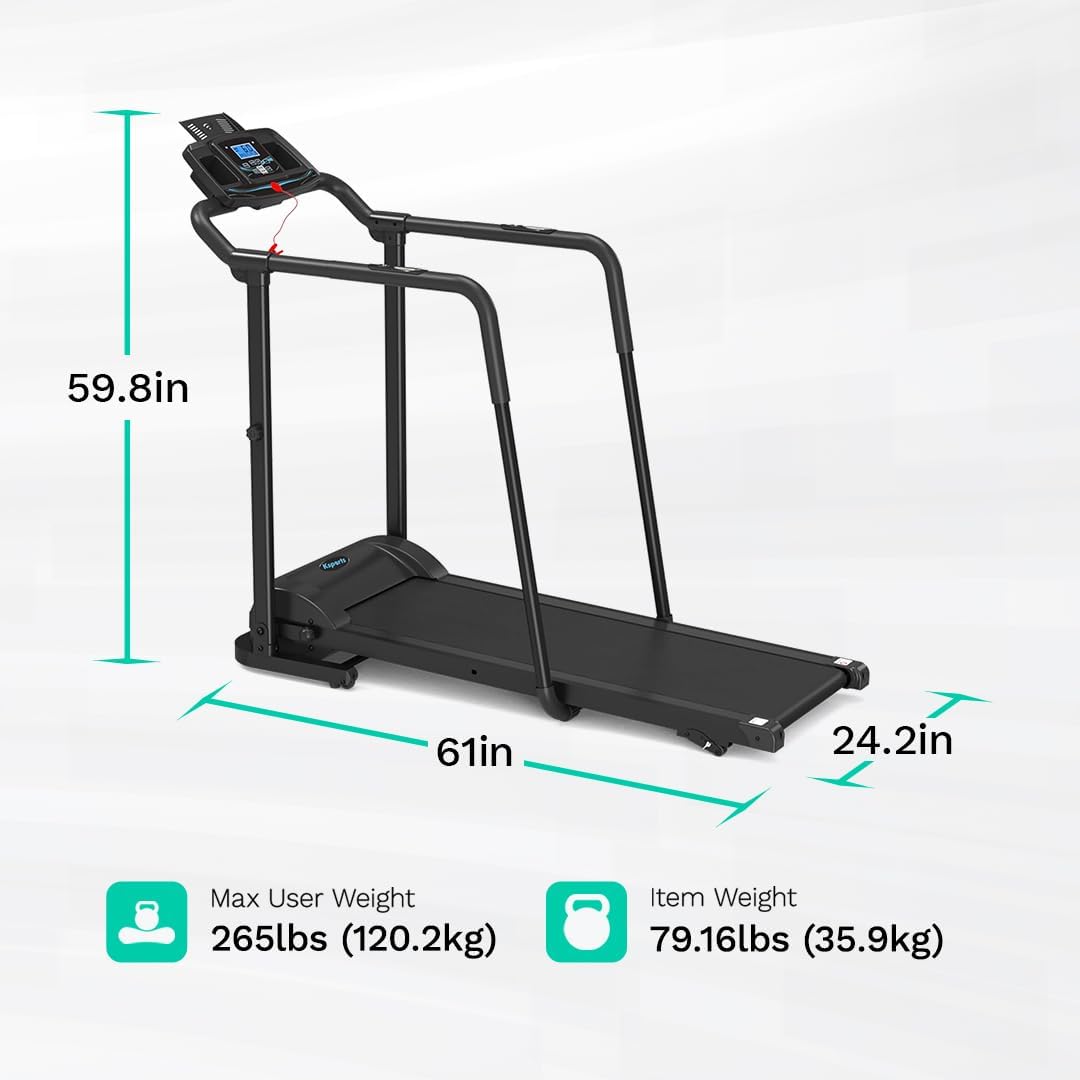 Ksports Advanced Rehab Walking Treadmill, 2.25HP Motor, 287 LB Capacity, 0.4-8.0 MPH, Bluetooth, 3-Level Incline, Foldable, LCD Display, Removable Handrails