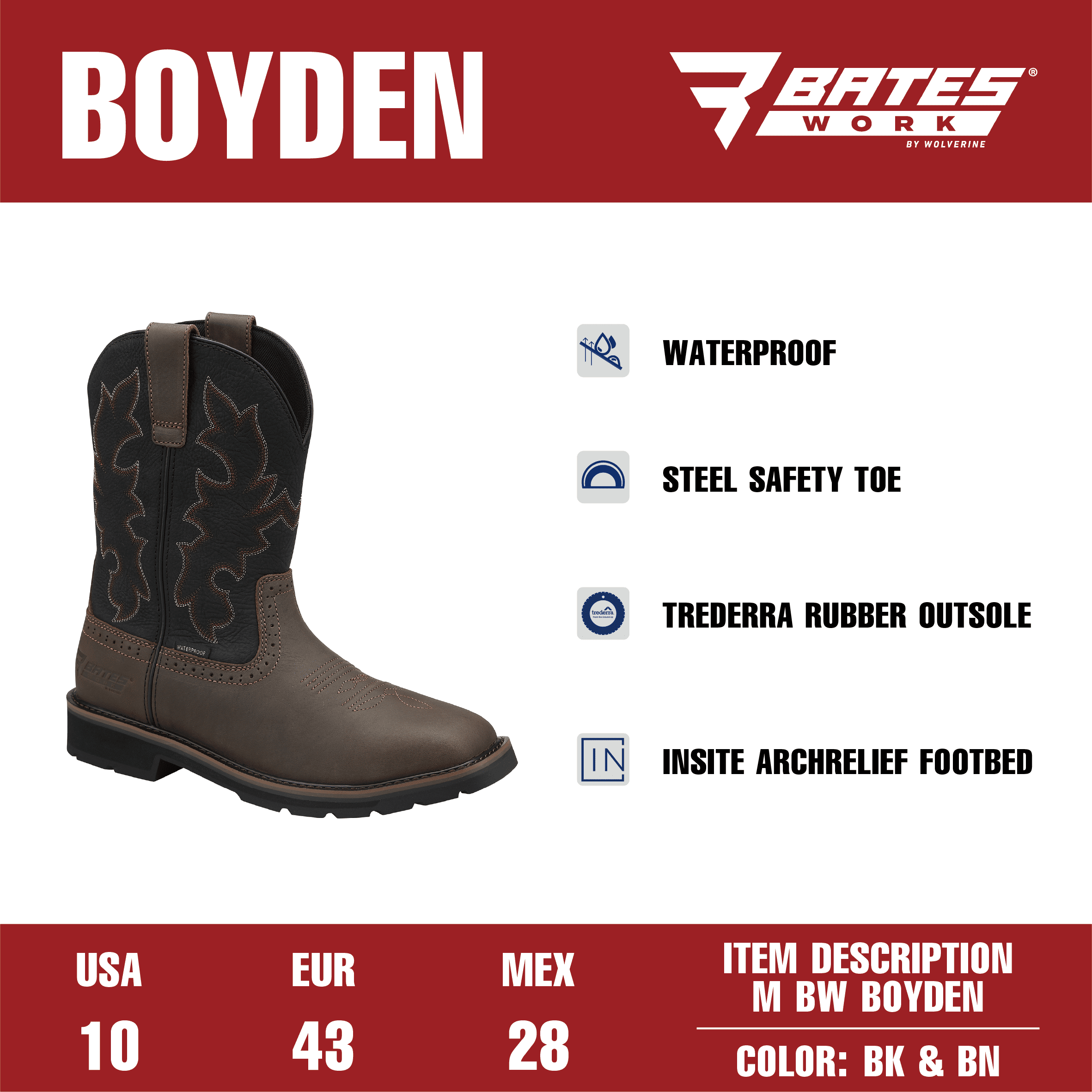 Bates Work by Wolverine Men's Boyden Waterproof Steel Toe Western Work Boot