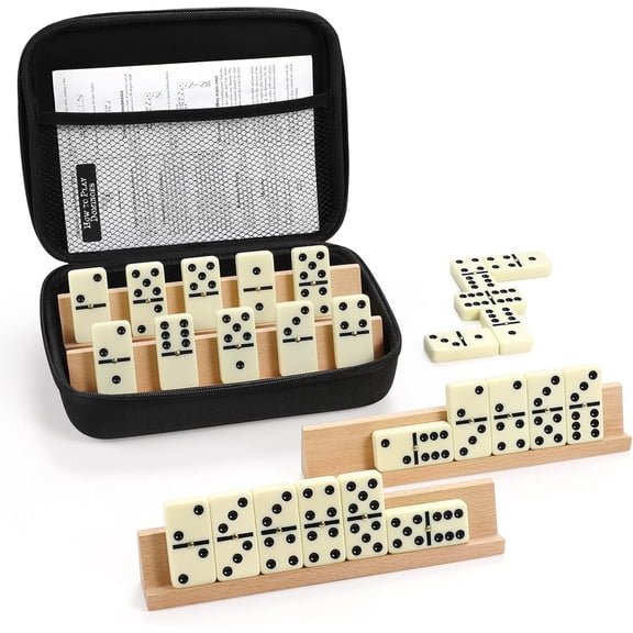 WAAYEE Double Six Dominoes Travel Set - 28 Tiles with 4 Wooden Tile Holders & Portable Case, Ideal for Adults & Family Game Nights