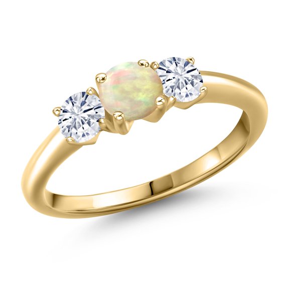 Gem Stone King 10K Yellow Gold White Ethiopian Opal and White Moissanite Engagement Ring for Women | 0.76 Cttw | Round Cabochon 5MM | Gemstone October Birthstone | Size 6