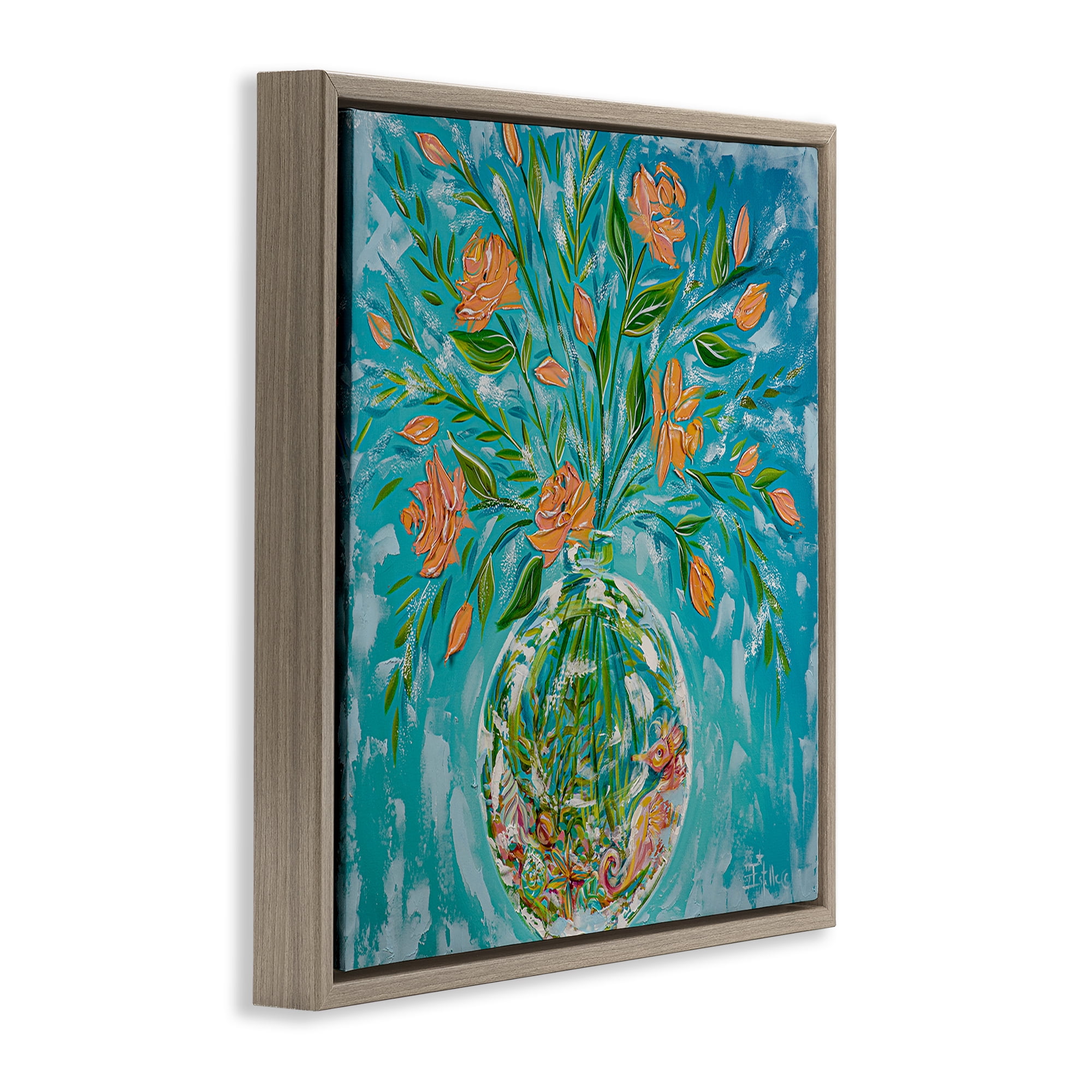 Stupell Industries Seahorse Fish Bowl Bouquet Nautical & Beach Painting Brown Floater Framed Canvas Art Print Wall Art, 25 x 25