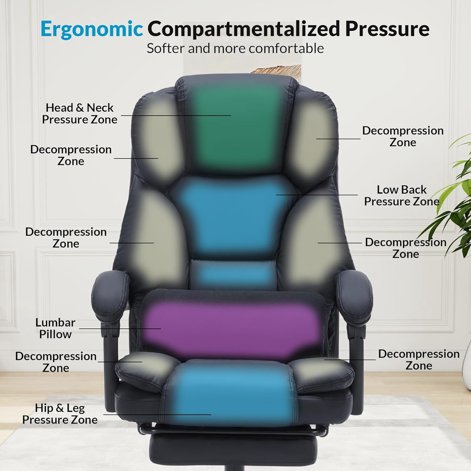 Morufur Leather Office Chair with Foot Rest, Office Chair 400LBS Wide Seat Ergonomic Computer Desk Chair with 360 Swivel High Back Executive Leather Chair Adjustable Task Chair, Black