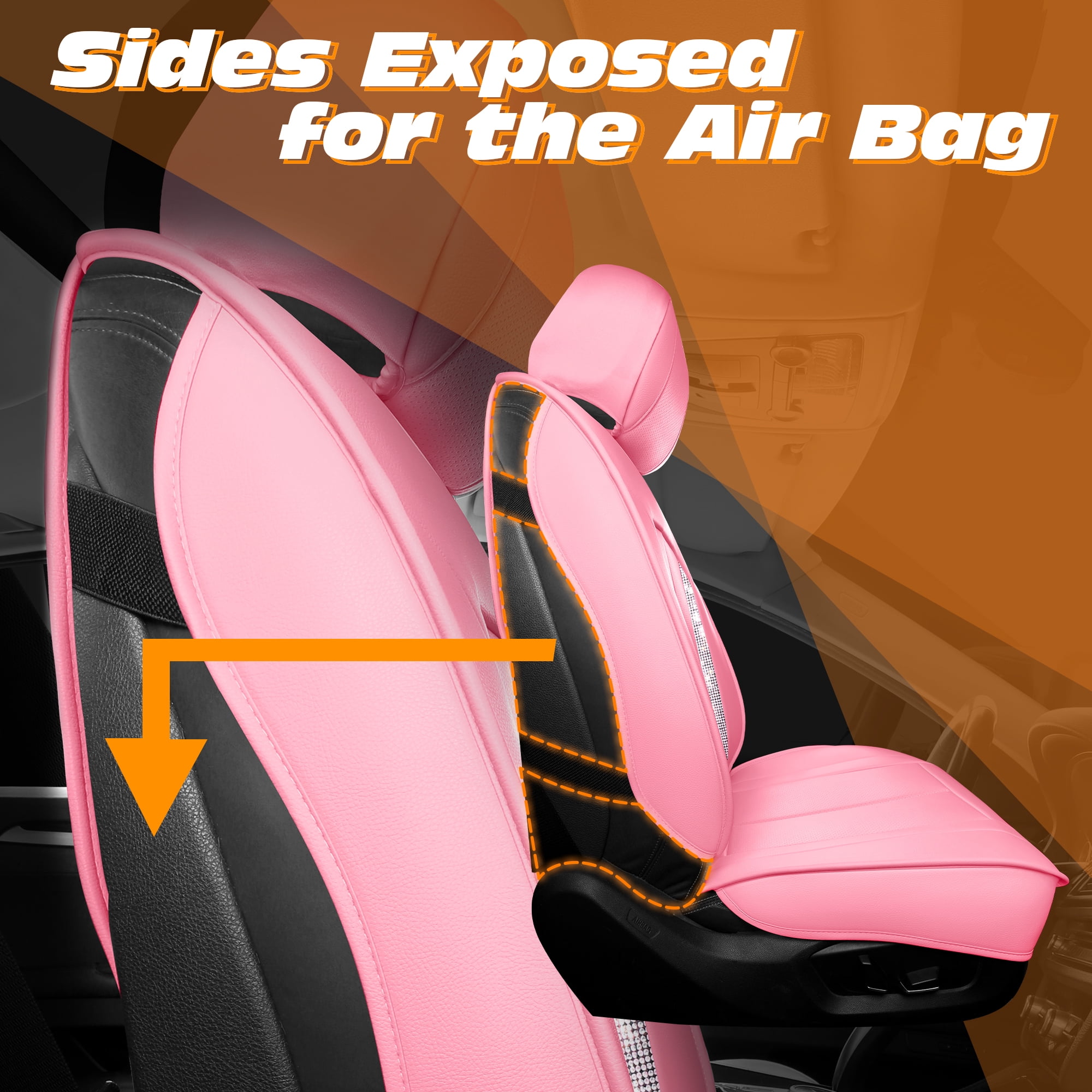 High-End 5-Seat Car Seat Covers Full Set with Pink Crystal Accents, Premium Bling Interior Upgrade for Cars SUVs Trucks, Luxury All-Season Fit