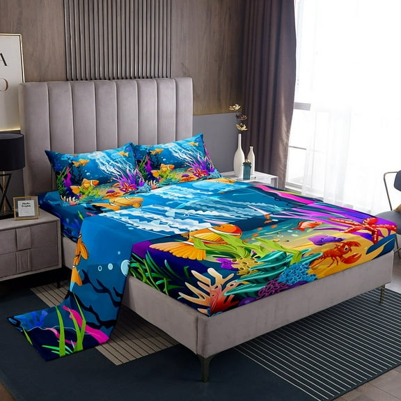 Erosebridal Ocean Jellyfish Sheet Set Twin,Underwater World Bedding Sets Twin Size,Sea Animal Twin Sheet Sets,Microfiber Marine Room Decoration,3pcs