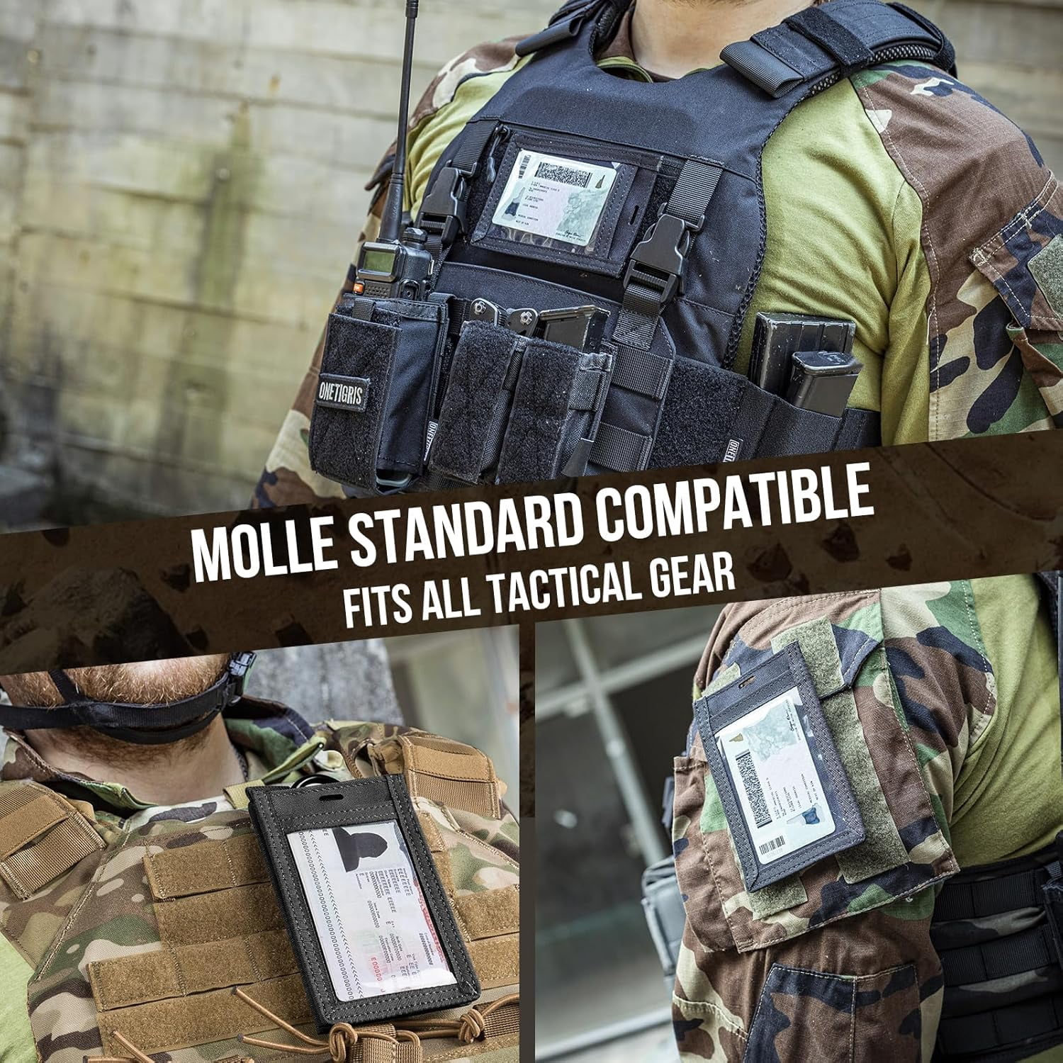 Tactical ID Card Holder Hook & Loop Patch Badge Holder Neck Lanyard Key Ring and Credit Card Organizer (Black)
