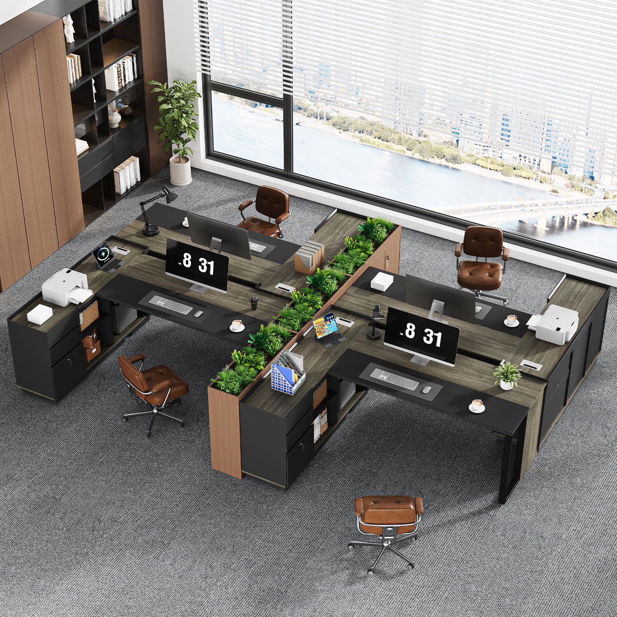 Vividwood 70" L-Shaped Executive Desk with Cabinet Storage, 3 Drawers, Storage Shelves, CPU Stand
