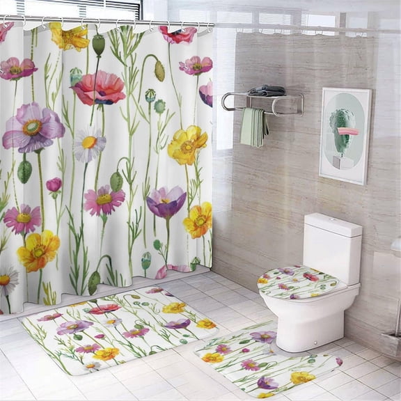 4Pcs Colorful Floral Daisy Shower Curtain Sets, Bathroom Decor Set with Rugs, Bath Mat Botanical Rustic Nature Shower Curtain, 72 X 72 Inch