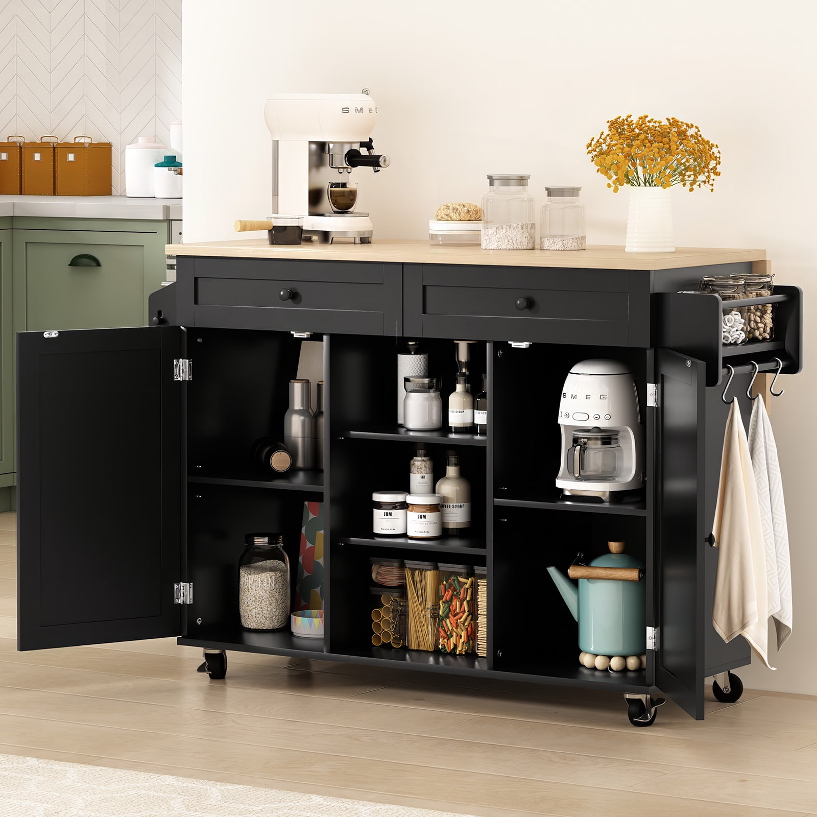 "HLR Black Large Rolling Kitchen Island with Wheels and Storage, 51.7"" W Countertop"