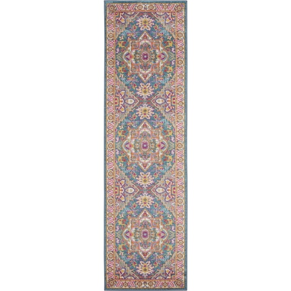 Nourison Passion Colorful Center Medallion Area Rug Teal Multicolor 2'2" x 10'