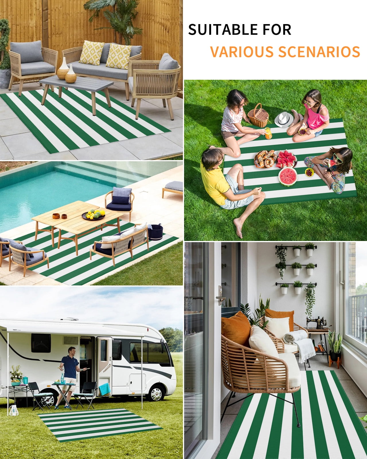 Outdoor Rug 4x6 ft Green White Striped Waterproof Outdoor Patio Rug Mat Non Slip Outside Area Rugs Carpet for RV,Camping,Porch,Deck,Pool,Balconybackyard,Minimalist Christmas