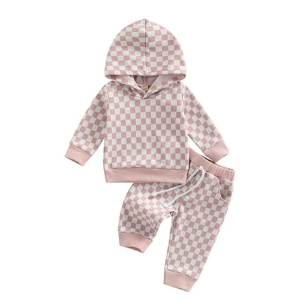 

Musuos Baby Girls Boys 2 Pieces Outfits Checkerboard Print Long Sleeve Hoodies Tops + Elastic Waist Long Pants Fall Set