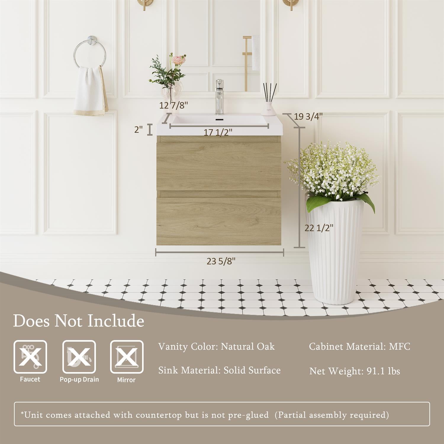 Demi Bonn 24" Floating Bathroom Vanity with Sink, Resin Top Basin and 2 Soft Close Drawers, Faucets and Drains Not Included, Brown