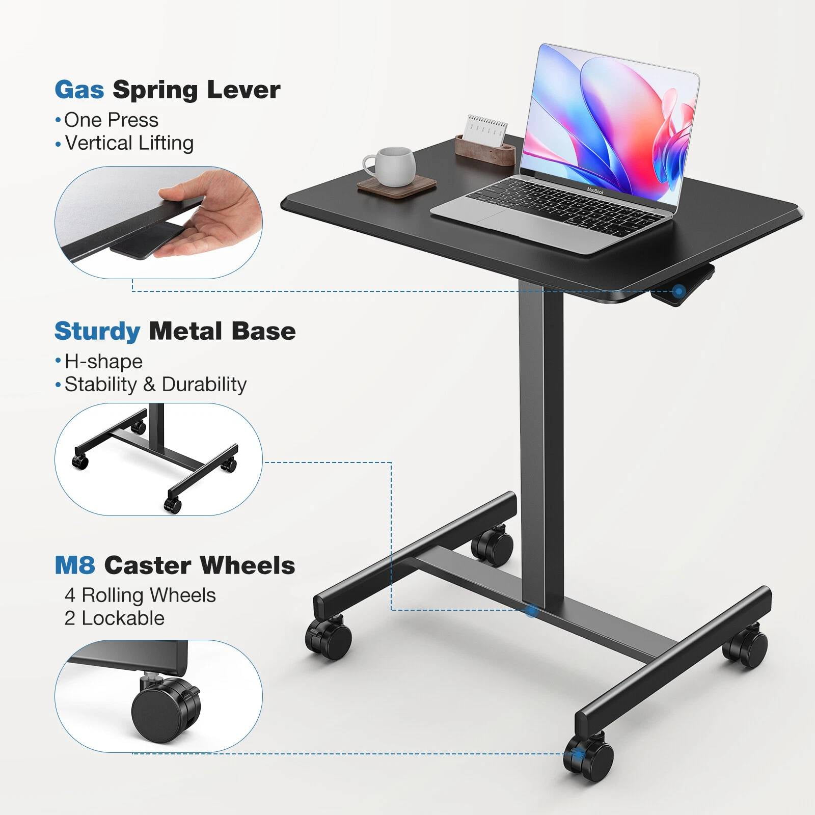 Small Mobile Standing Desk, Adjustable Rolling Laptop Table with Locking Wheels for Home Office, Black