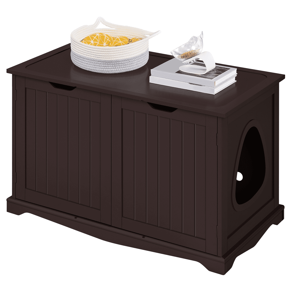 Alden Design Wooden Cat Litter Box Side Table with Washroom Storage Bench, Espresso