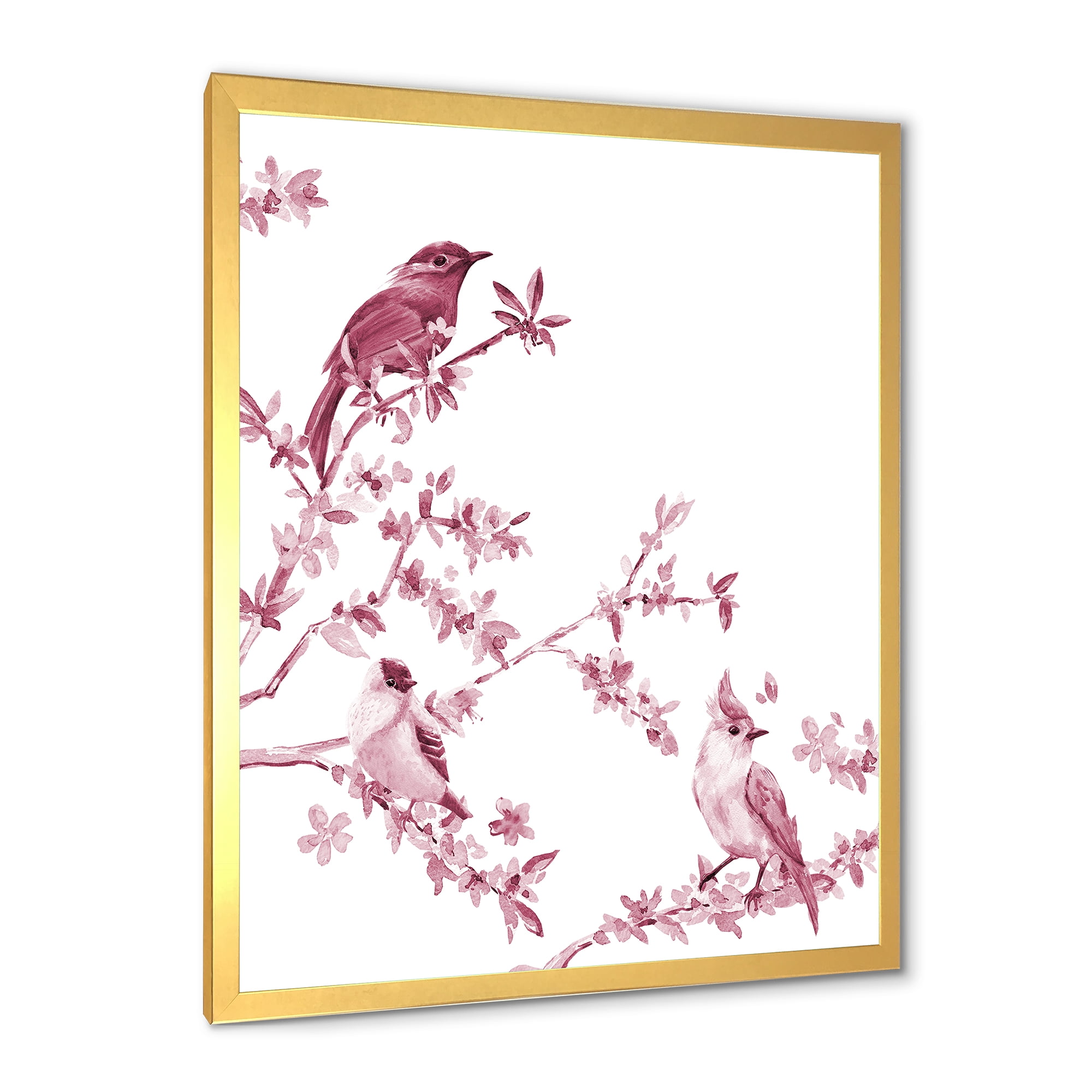Beautiful Pink Birds Sitting On Flowering Branches 30 in x 40 in Framed Painting Canvas Art Print, by Designart