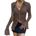thumbnail image 1 of Kmbangi Chemise Froncée pour Femmes Manches Longues Évasées Col à Revers Simple Boutonnage Tops Ajustés, 1 of 3