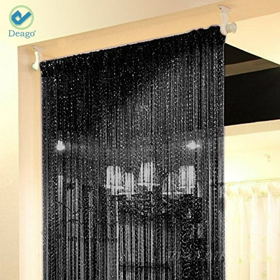 Deago Door String Curtain Flat Silver Ribbon Thread Fringe Window Panel Room Divider Strip Tassel for Wedding Cafe Home Décor (39"x78")