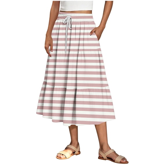 Cute Skirt for Women Stripe Printed Drawstring Elastic Waist A-Line Midi Length Tiered Skirts with Pockets
