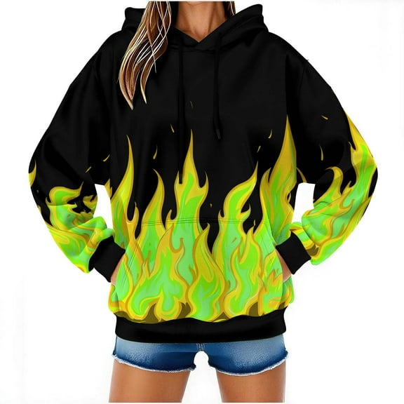 Hueook Sweatshirt for Women Fall and Winter Men and Women Hooded Sweater Flame Printing Pullover Blouse with Pocket Yellow L