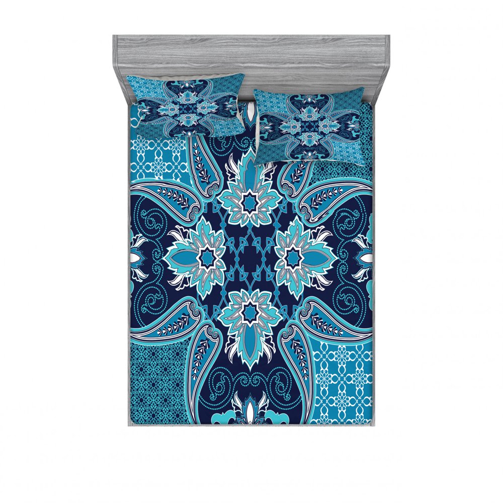 Navy Blue Bedding Set with Sheet & Covers, Floral Paisley Design