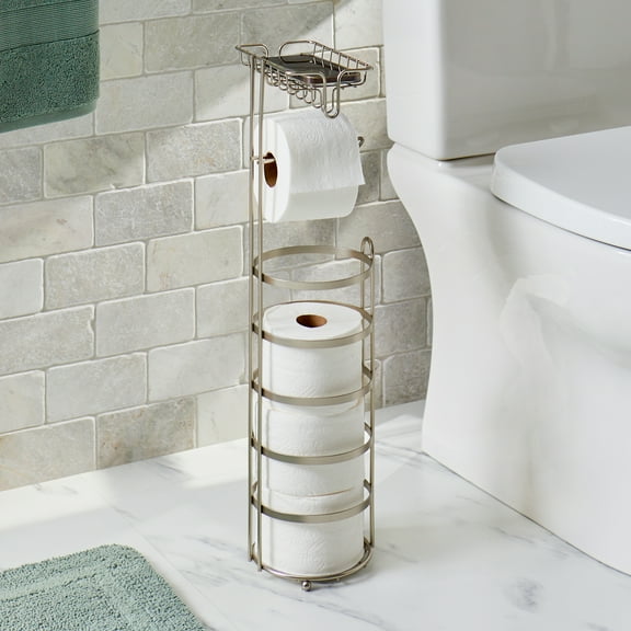 Better Homes & Gardens Free Standing Toilet Paper Holder and Reserves Satin Nickel, Fully Assembled