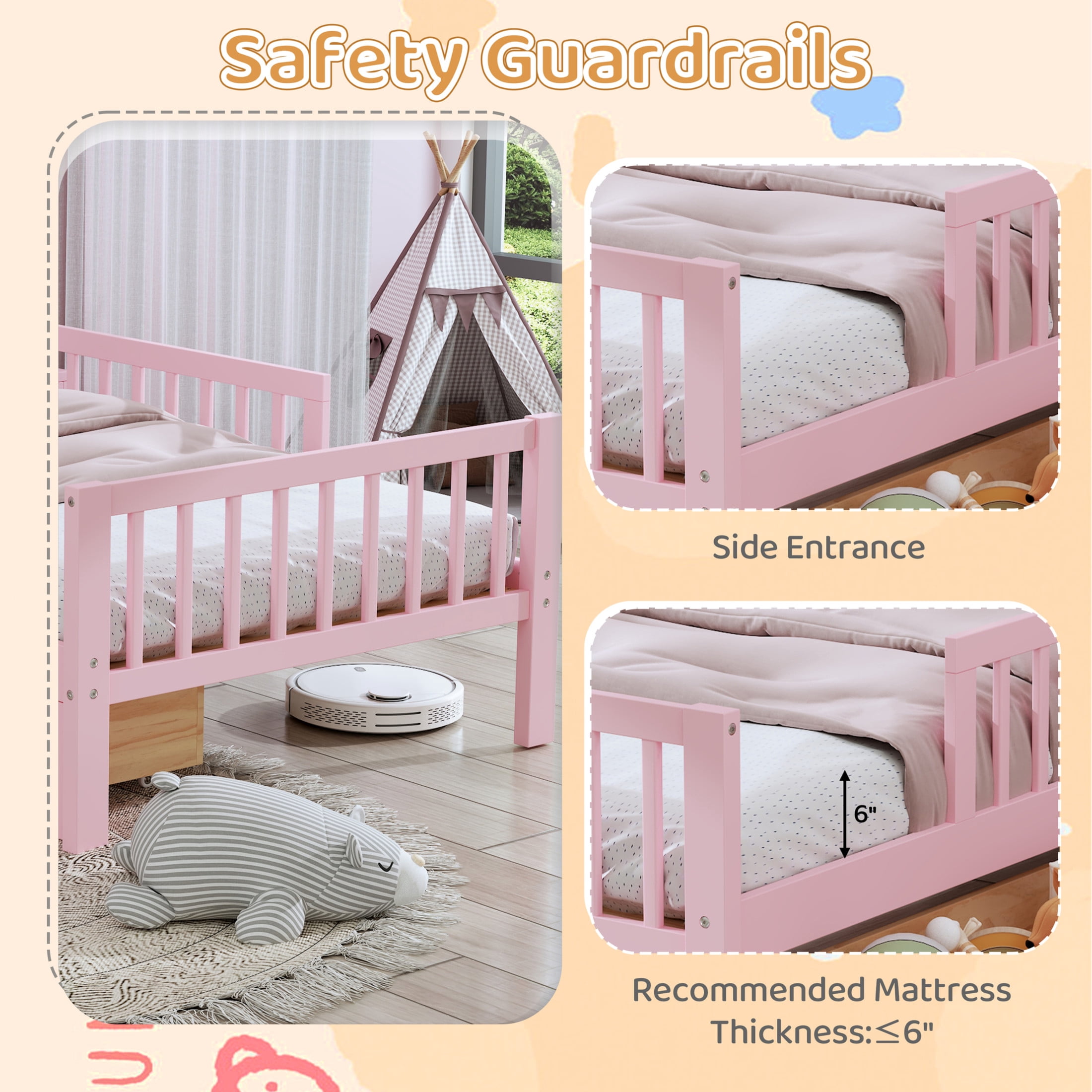 Noble House Twin Bed Frame with Headboard Storage Rack, 2 Drawers, and Safety Guardrails, Pink