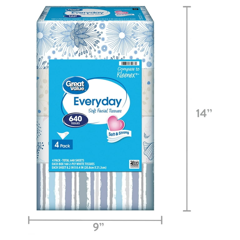 Great Value Everyday Soft Facial Tissues, 160 Count, 4 Pack