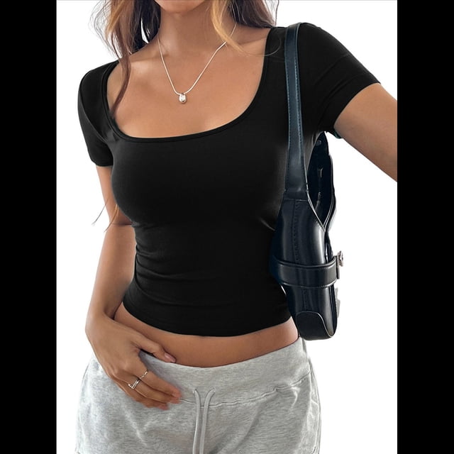 Camisetas de Corta con Cuello Redondo y Punto Acanalado para Mujer, Ropa Informal de Verano 2025 Negro L