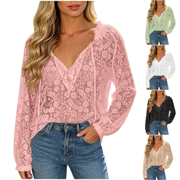 GERsome Long Sleeve Lace Shirts for Women Ruffled V-Neck Trendy Eyelet Tops for Summer Casual Pink L
