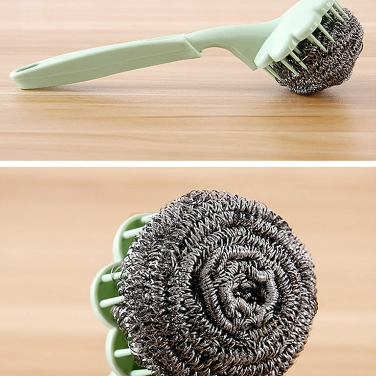 Yannee Long Handle Steel Wire Ball Brush,Green Steel Wool Scrubber Dish Pot  Scrubber Cleaner Pan Brush for Kitchens, Bathroom and More,1 Pcs