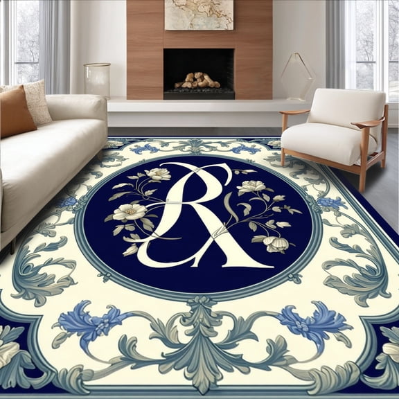 ODIKA 4'x6' Machine Washable Non-Slip Area Rug, Monogrammed Flourish Elegant Initial Letter Design High Traffic Rug, Blue, 179191