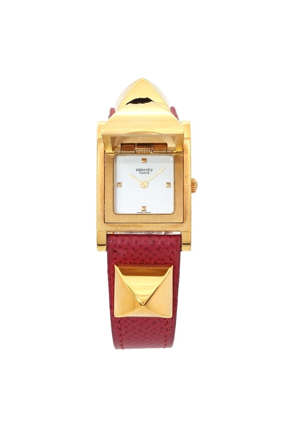 Pre-Owned Herms Medor Women's Pyramid Gold Stud Watch in White and Red Leather with Quartz...