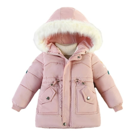 

BYOIMUD Kids Girls Fleece Lined Faux Fur Hooded Parka Coat Winter Warm Jacket Outerwear Windproof Thicken Snowsuit Overcoat 3-6T
