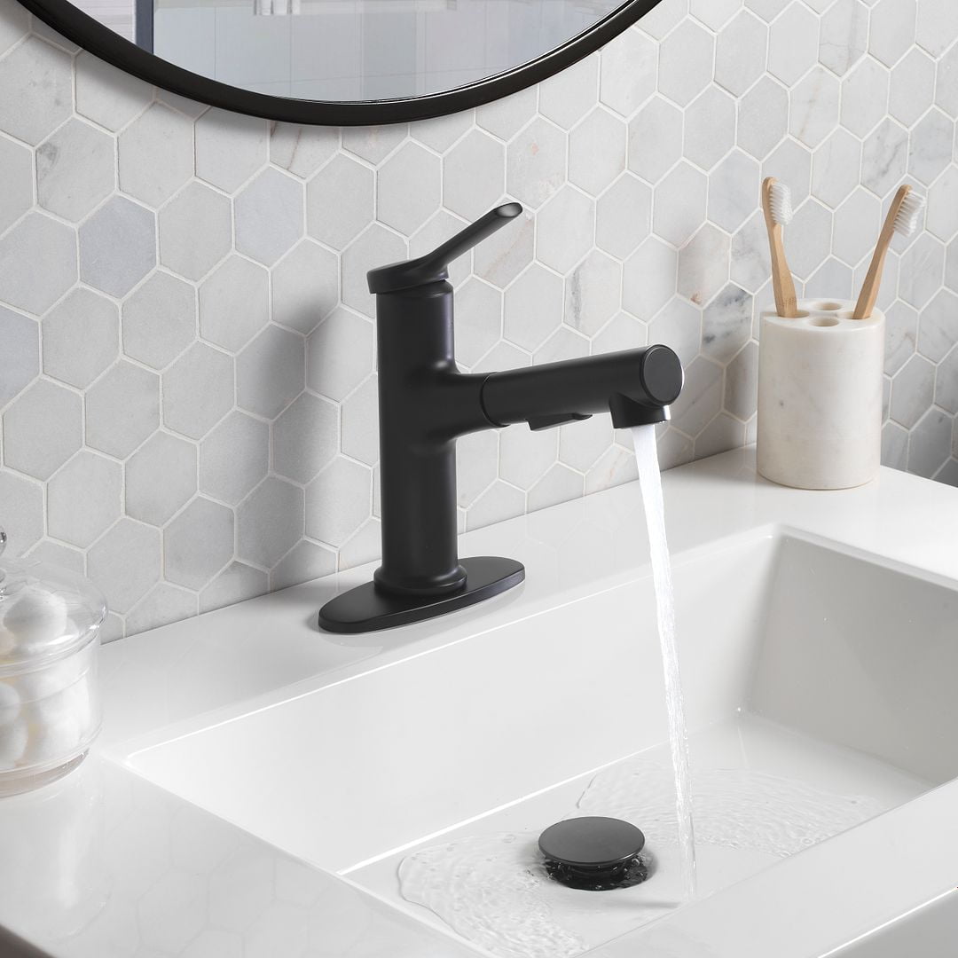 Better Homes and Gardens Pull-Out Bathroom Sink Faucet with Pop-up Drain and Optional Deckplate, Matte Black