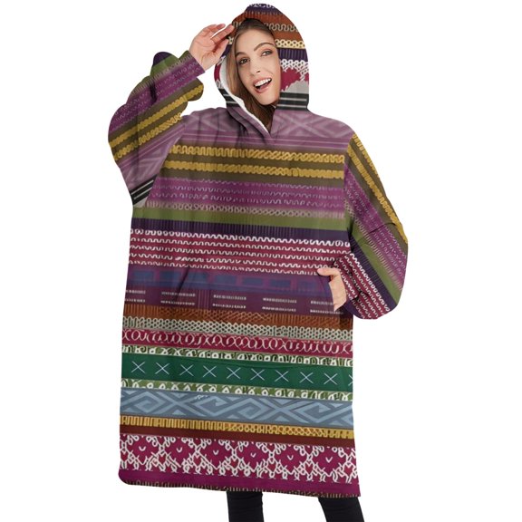 Oversized Wearable Blanket Hoodie,Purple Boho Tribal Stripes and Hearts Pattern Sherpa Blanket Hoodie with Super Pockets,Super Warm Fuzzy Pullover for Women & Men