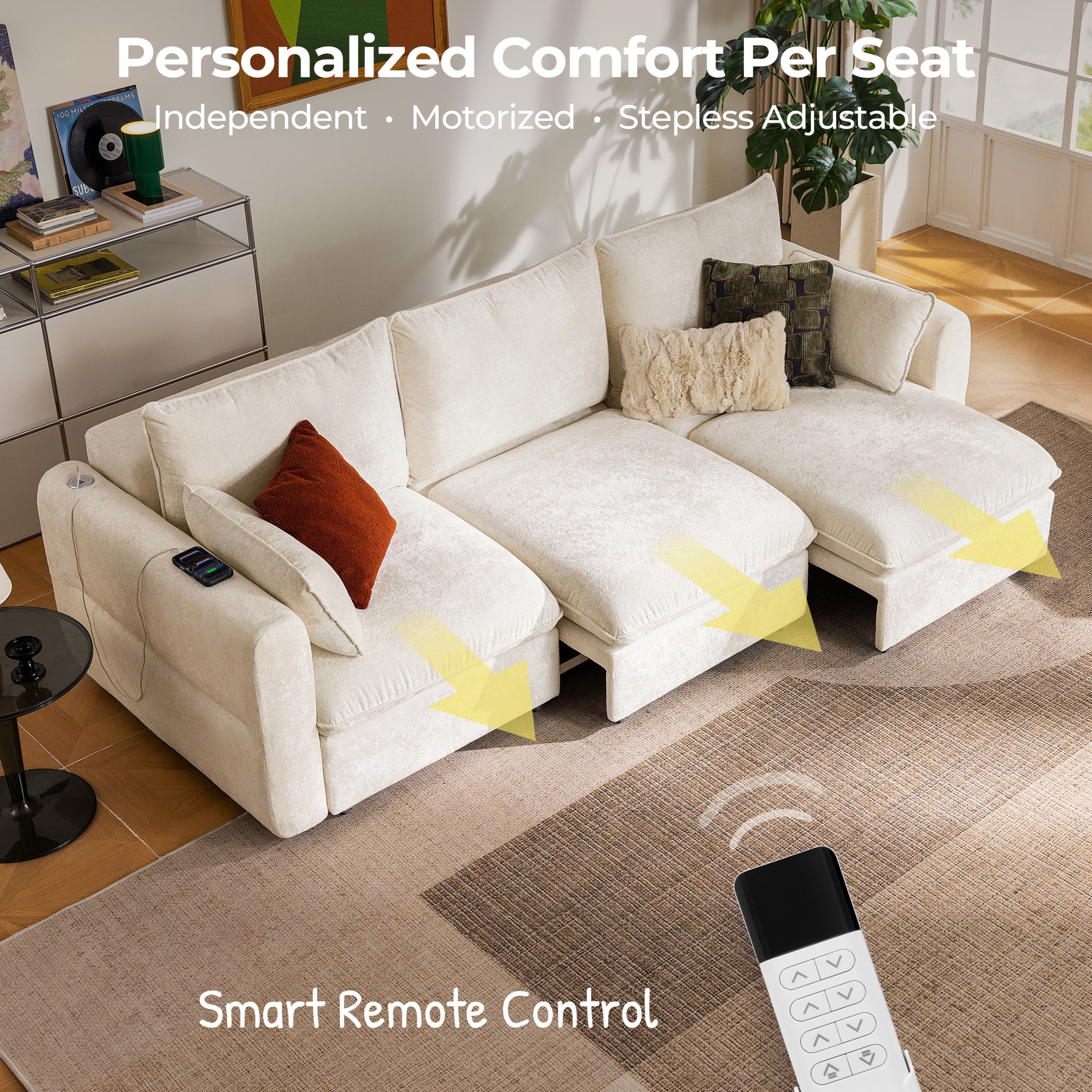 CHIC HOUSE 104" Electric Extendable Sofa Bed with Triple Motor, Convertible Smart Power Reclining Sleeper Sofa Deep Seat 3-Seat Couch with Solid Wood Frame in Velvet, Beige