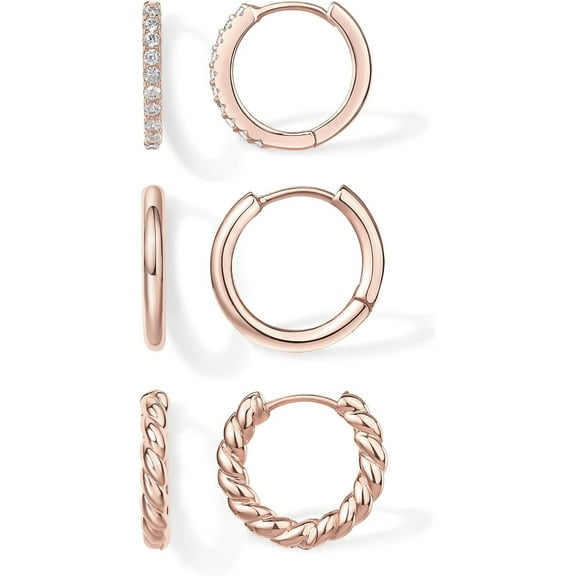 18K Gold Plated 925 Sterling Silver Posts 3 Pairs Small Hoop Earrings Set | Cubic Zirconia Plain Rope Huggie Hoops for Women | Lightweight Earrings Pack