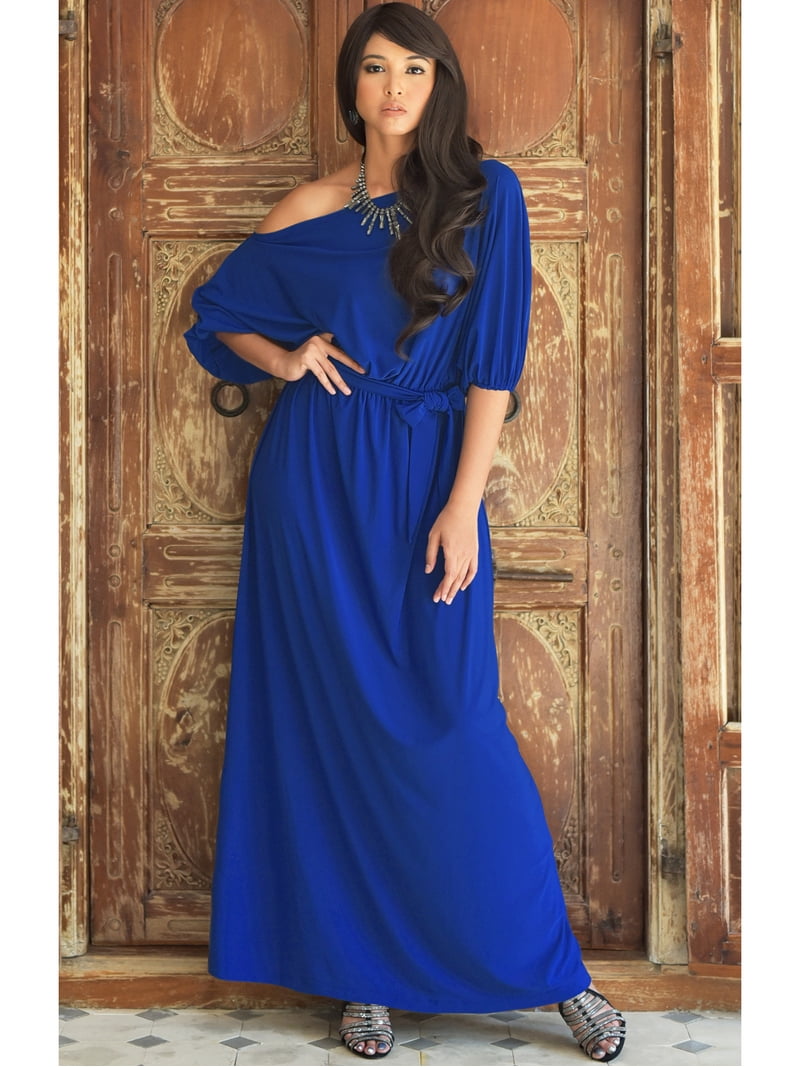 KOH KOH Long One Off Shoulder Flowy Casual 3/4 Short Sleeve Full Floor  Length Cocktail Evening Wedding Party Guest Sexy Tall Maxi Dress Gown For  Women Cobalt Royal Blue XXXX-Large US 26-28
