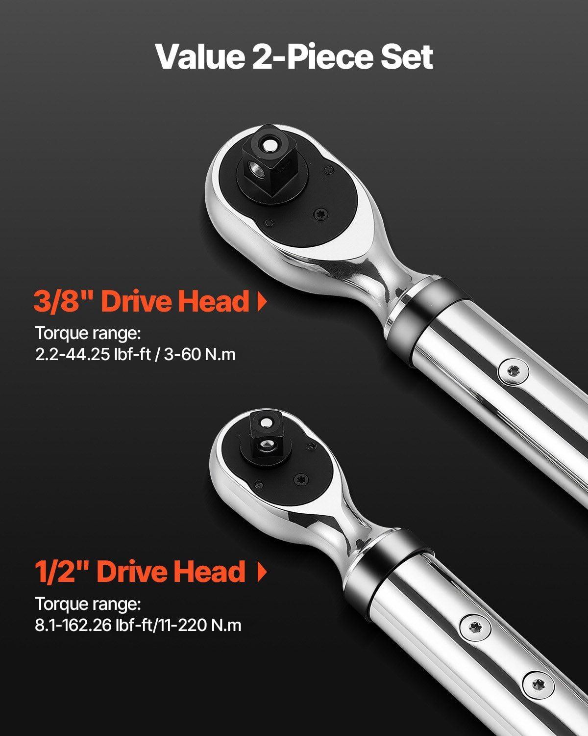 Digital Torque Wrench Set 2 Pcs 1/2 3/8 Inch Drive 72 Tooth 2% High Accuracy Electronic Torque Wrench with Preset Value Buzzer LED Notification for Automotive Motorcycle