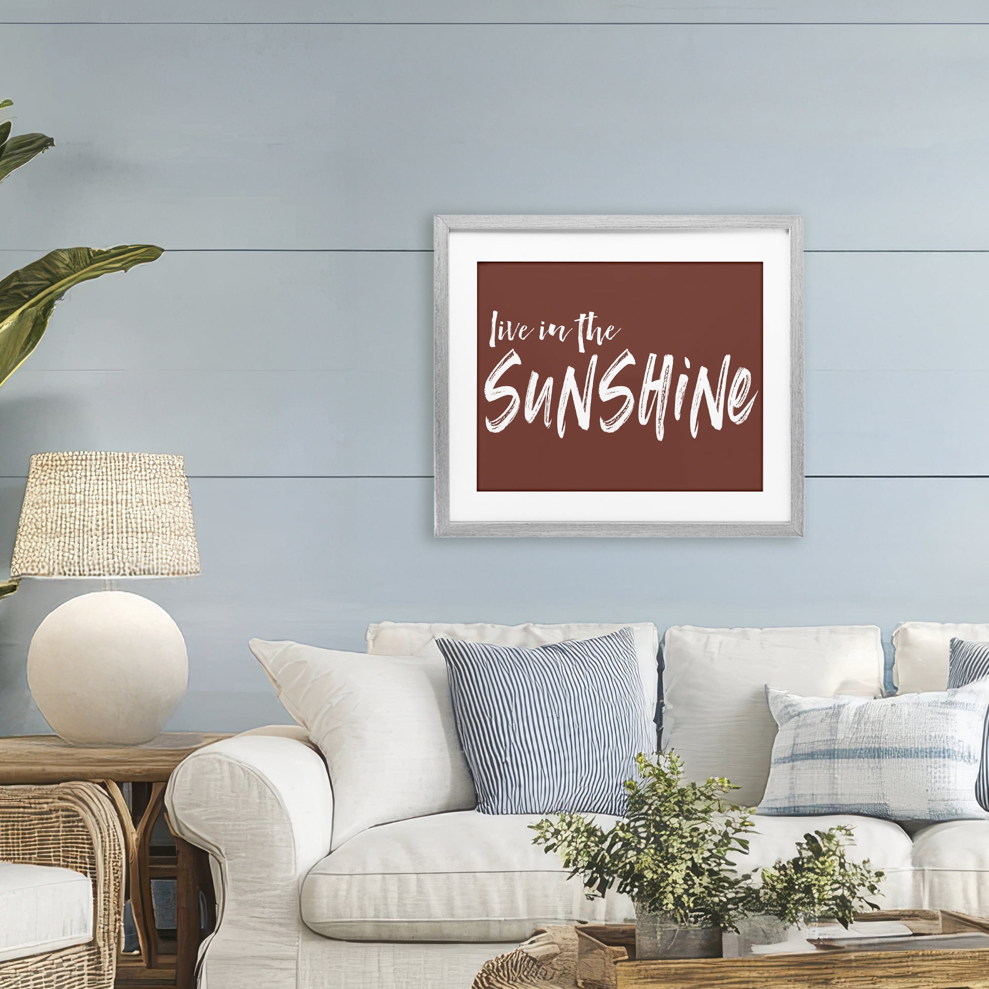 Live In The Sunshine Brown Gray Framed Print Under Glass, design by Lettered and Lined