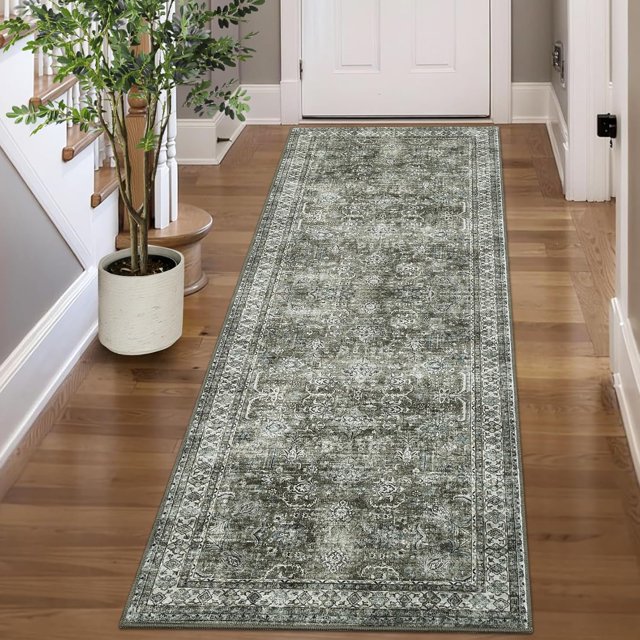 Twister.CK Vintage Floral Distressed Runner Rug, 2' x 6' Washable Rugs Stain Resistant Indoor Carpet with Non-Slip Backing for Bedroom Living Room Dining Room, Green