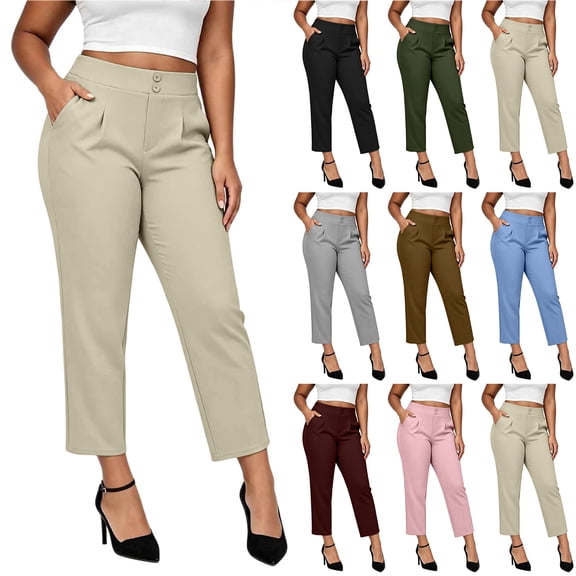 Bloomae Ankle Length Dress Work Pants for Women Stretchy High Waist Front Pleated Tapered Cropped Pants Casual Comfy Pull on Business Office Slacks with Pockets